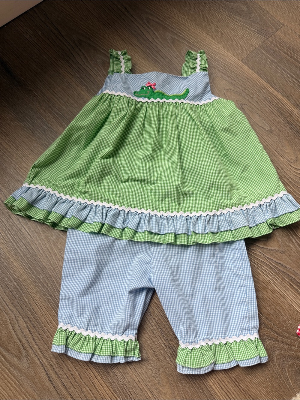 Petit ami ruffle with alligator appliqué gingham top and shorts set -2T